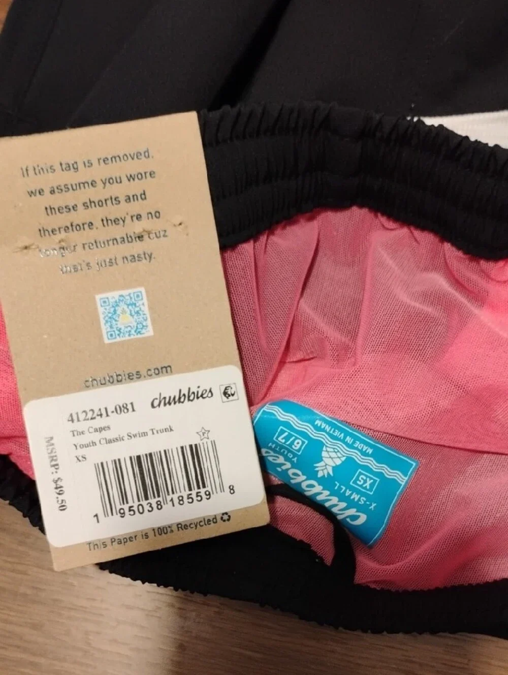 🐻chubbies Black Swim Shorts with Pink Liner and White Drawstring Size Xs 6/7